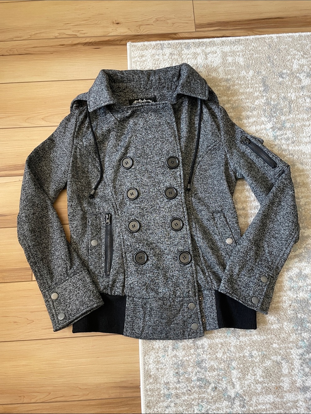 Women's Double-Breasted Gray Coat with Hood